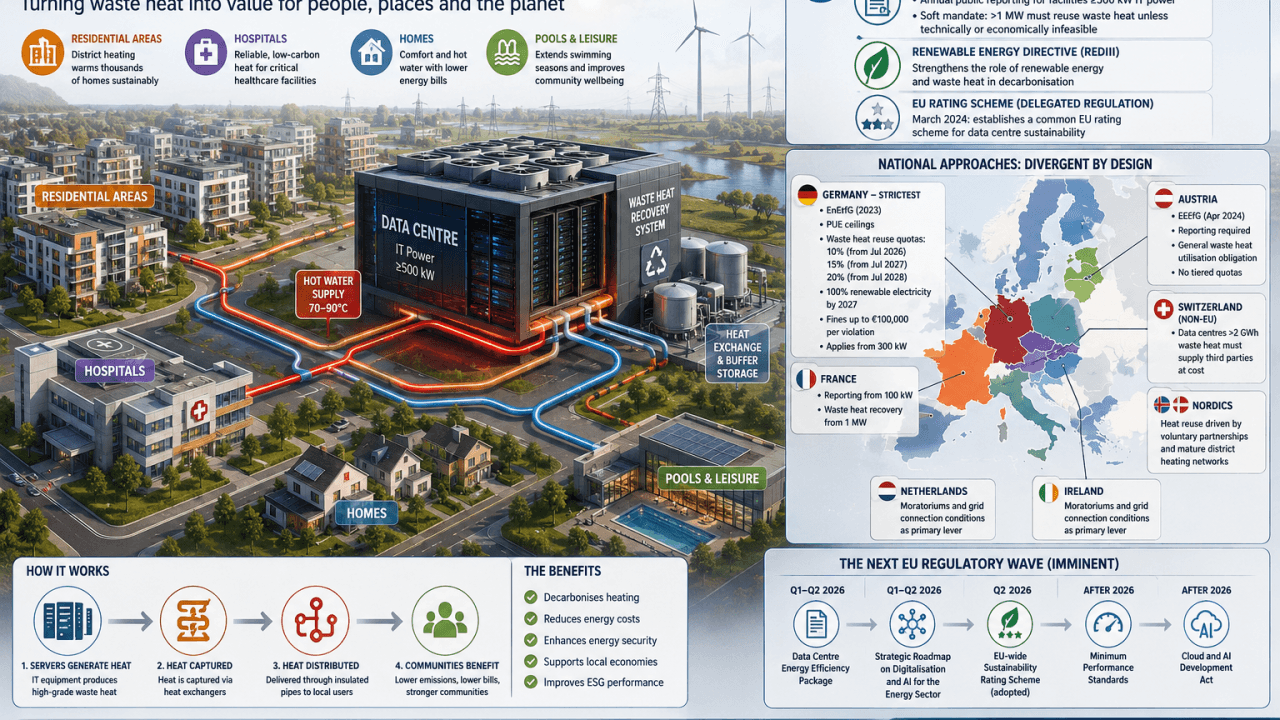 Map and overview of EU data centre waste heat reuse regulation by country