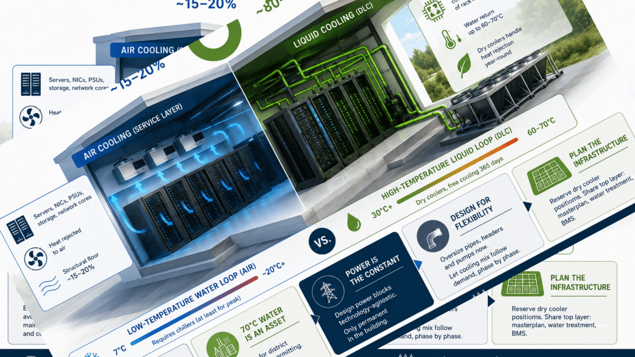 Air cooling vs liquid cooling loops in a modern AI data center