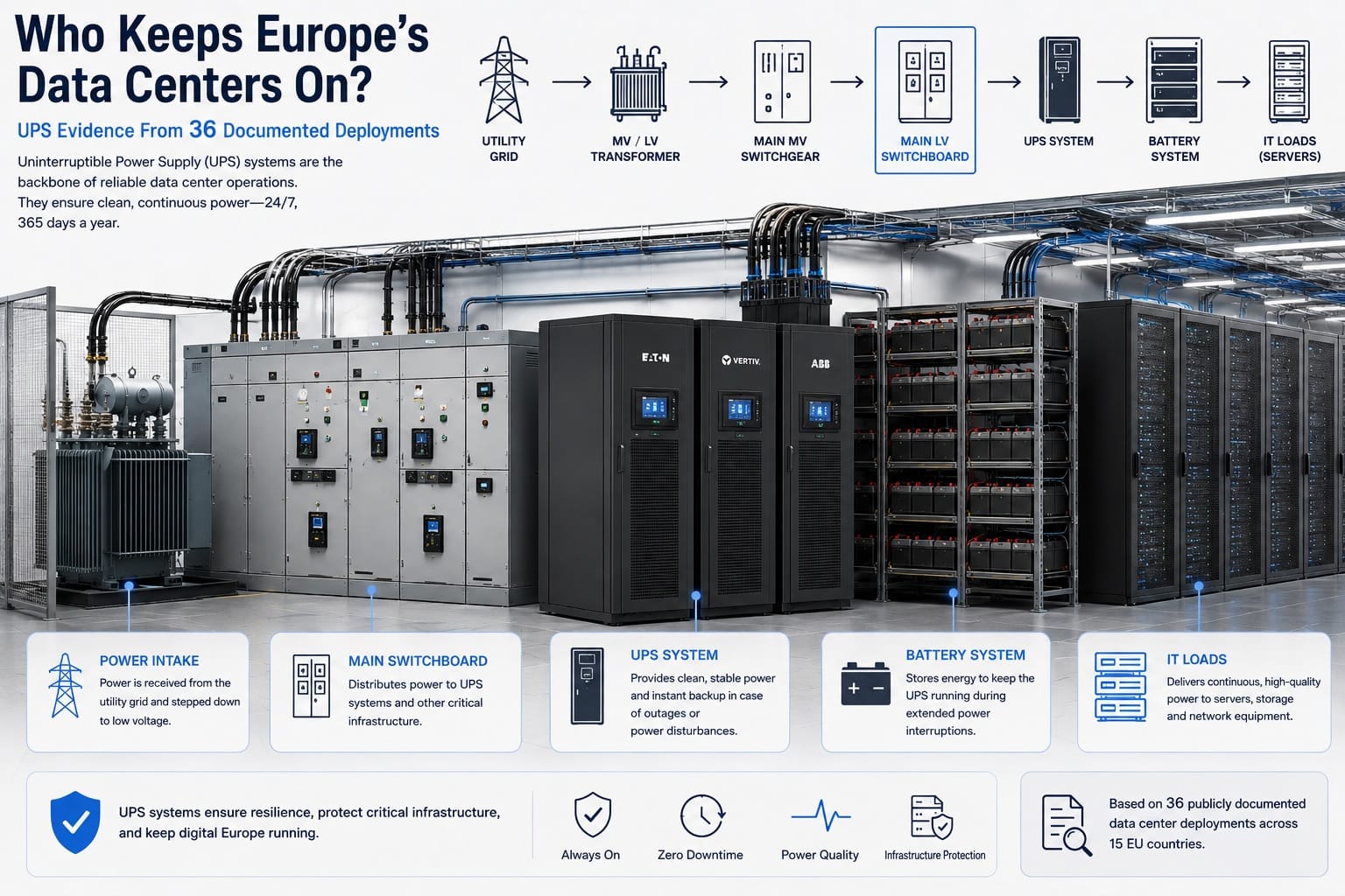 Data center power chain from utility grid to IT loads - European UPS deployment research cover