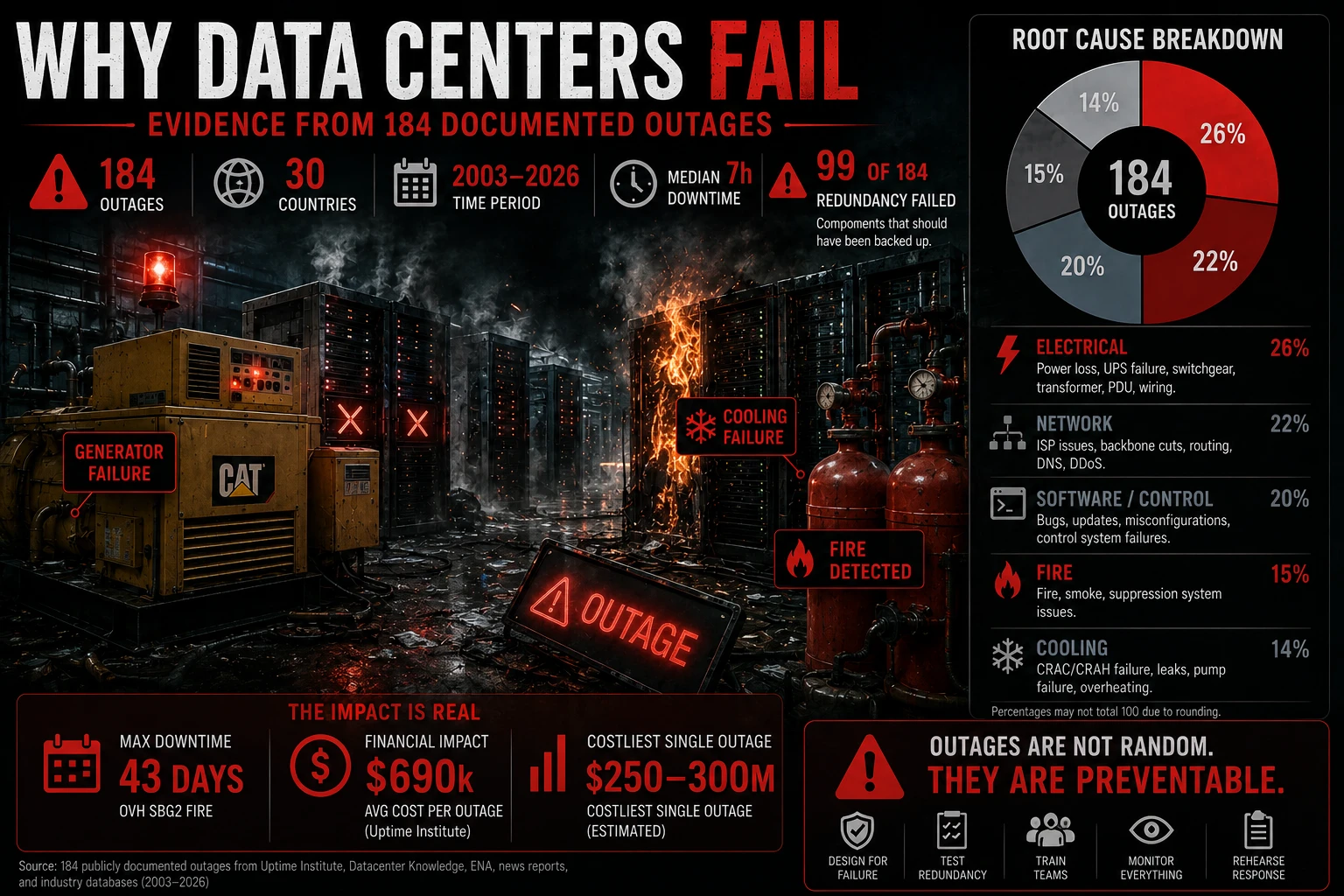 Why data centers fail - infographic of 184 documented outages, root causes and redundancy failures
